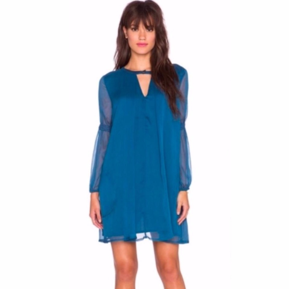Chloe Oliver Blue Sheer Long Sleeve V-Neck Dress